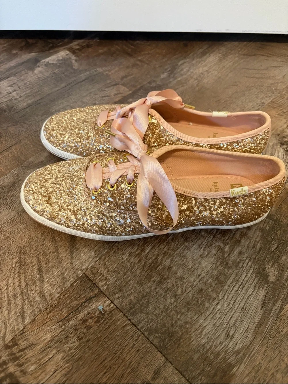 Keds x Kate Spade Gold Glitter Sneakers with Pink Ribbon Laces
